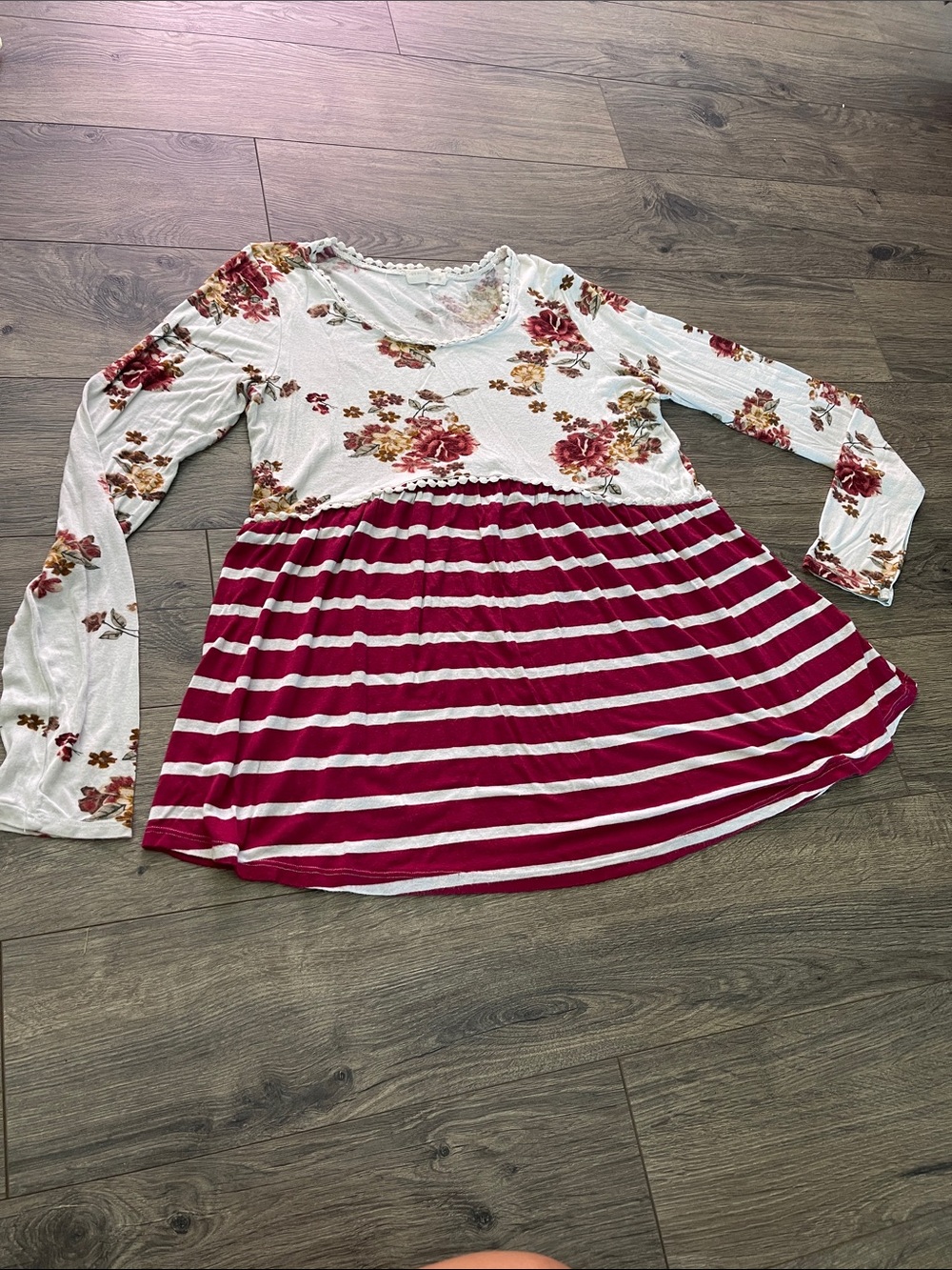 Floral & Stripe Long-Sleeve Tunic - White and Burgundy